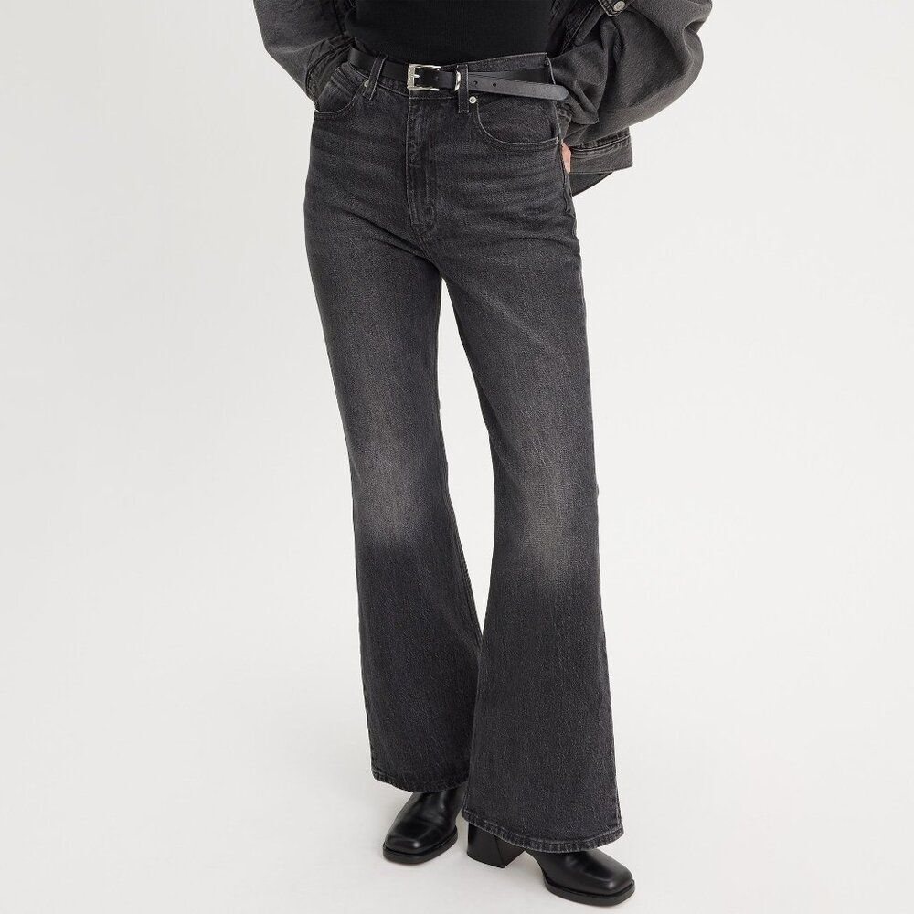 Levi's Premium 70s High Flare Jeans Washed Black Denim High Rise Wide Leg Retro - Picture 1 of 9